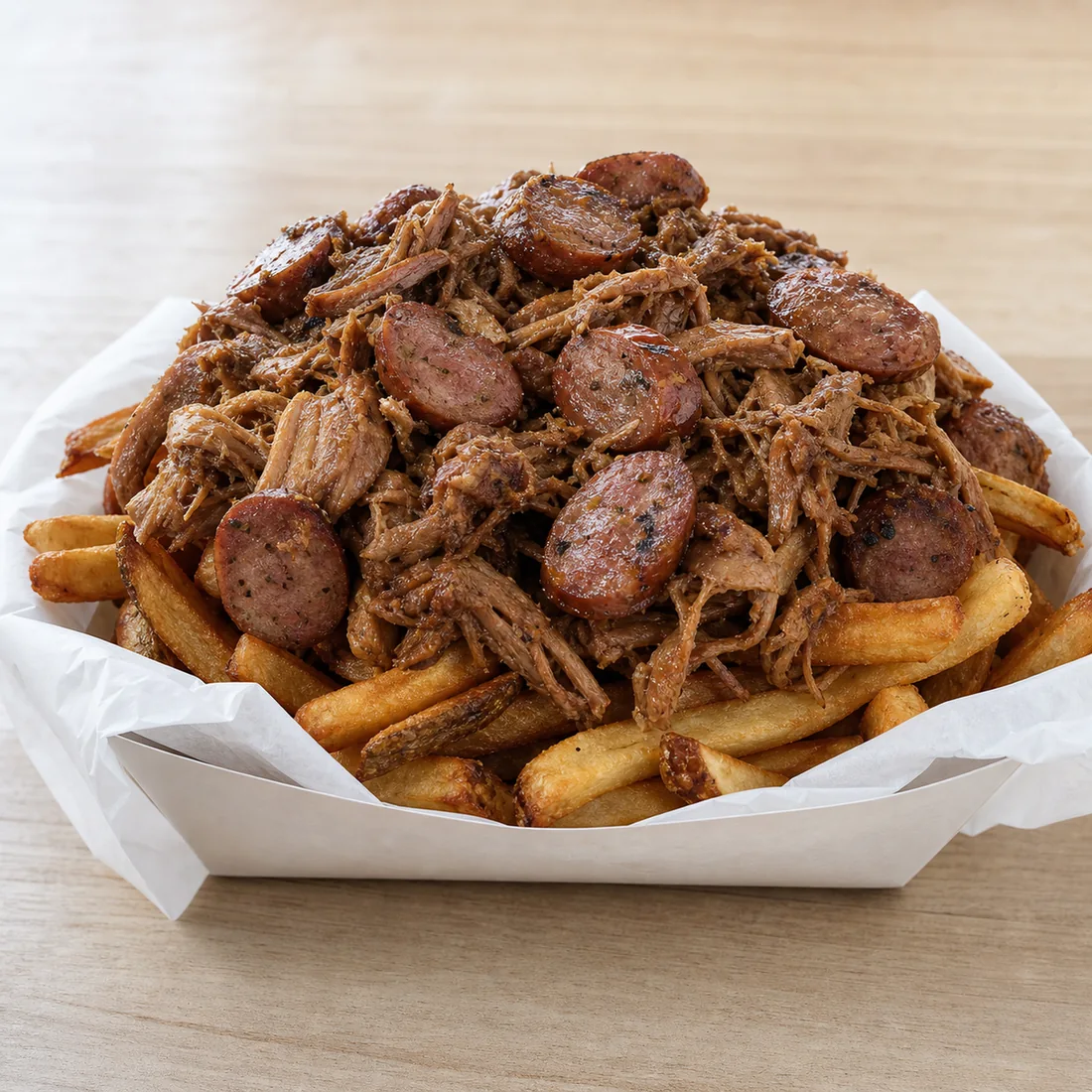 Chanchipapas: Papas con chancho deshilachado y chorizo de finas hierbas.