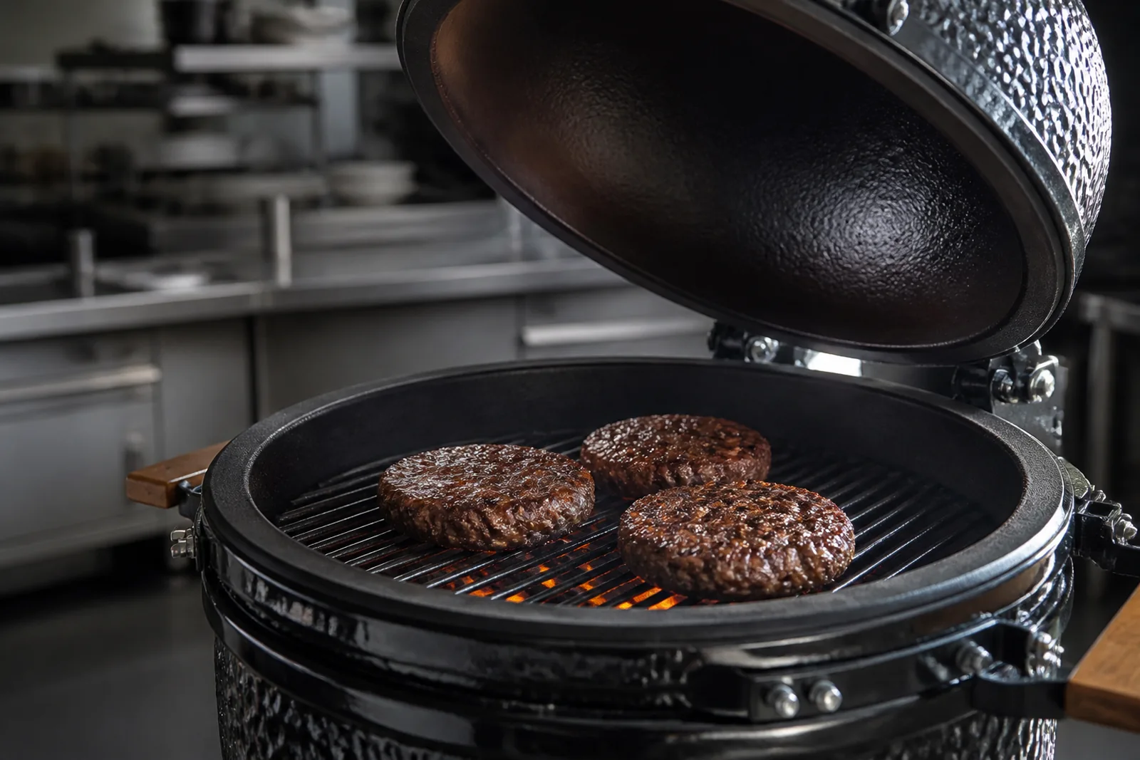 Kamado de cerámica abierto con tres carnes sellándose sobre las brasas